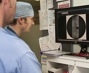 Doctors looking at scans on a screen